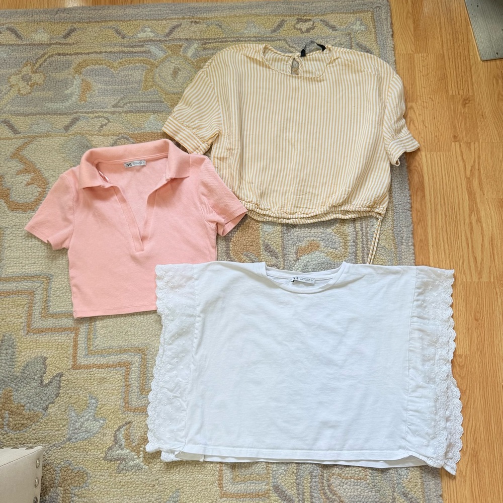 Zara Women's Beige, Pink, and White Crop Tops Set